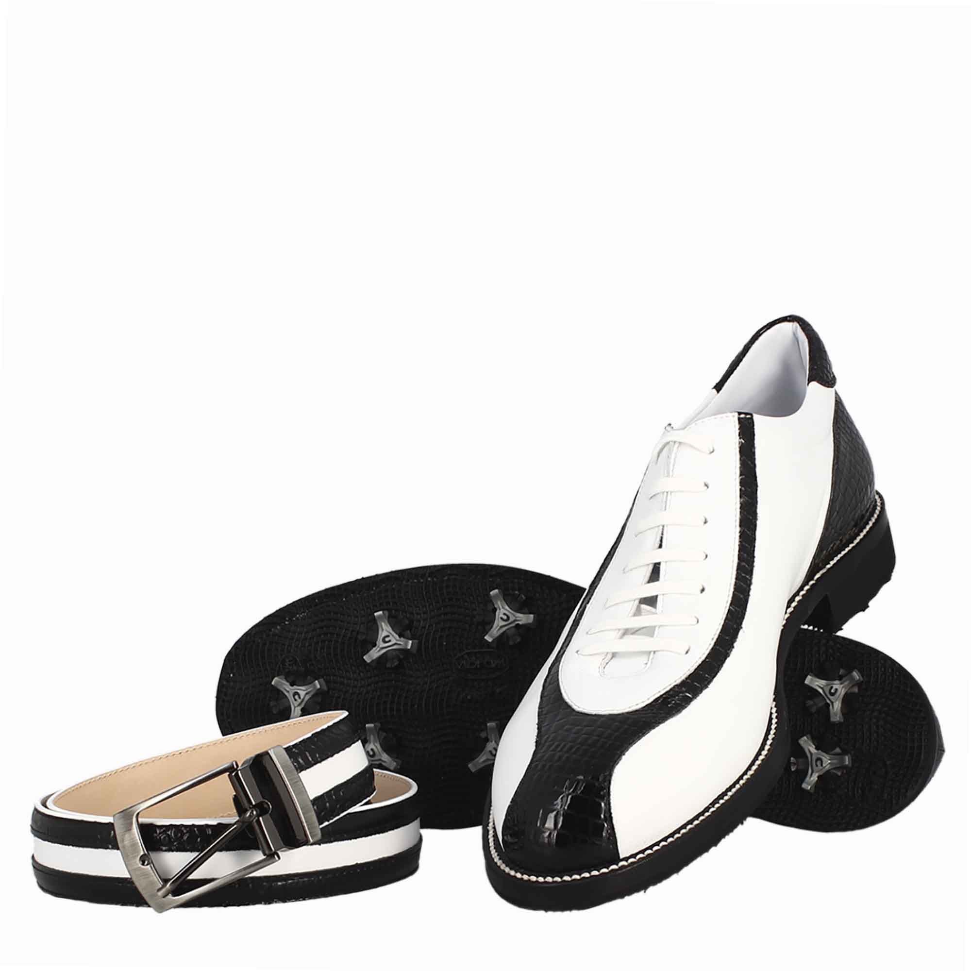 Scarpe golf artigianali in pelle bianco e dettagli in cocco nero - Image 7