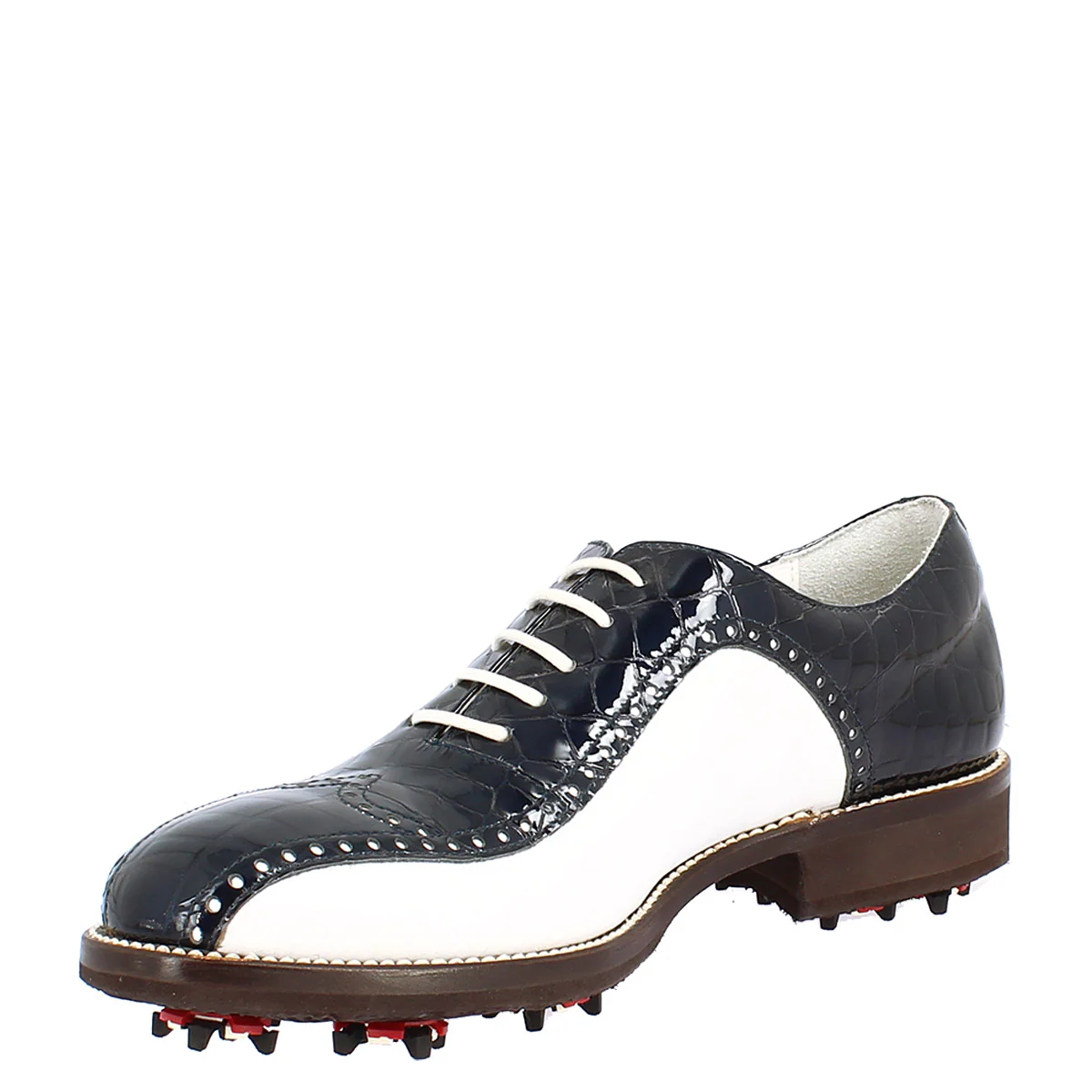 Scarpe golf artigianali in pelle pieno fiore bianco cocco blu - Image 4