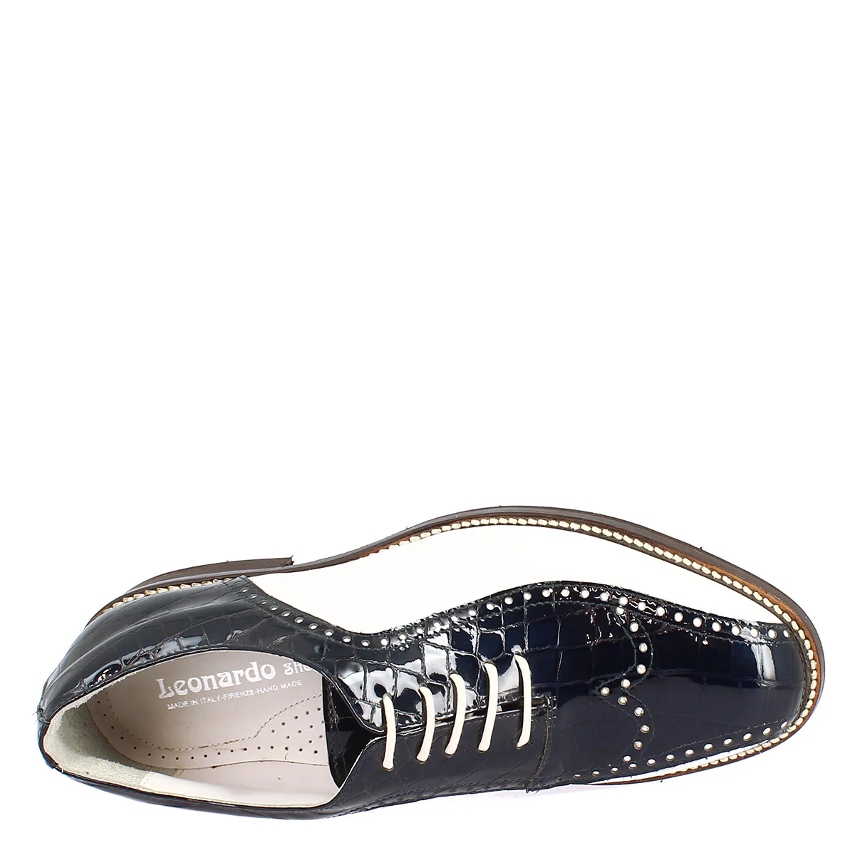 Scarpe golf artigianali in pelle pieno fiore bianco cocco blu - Image 6