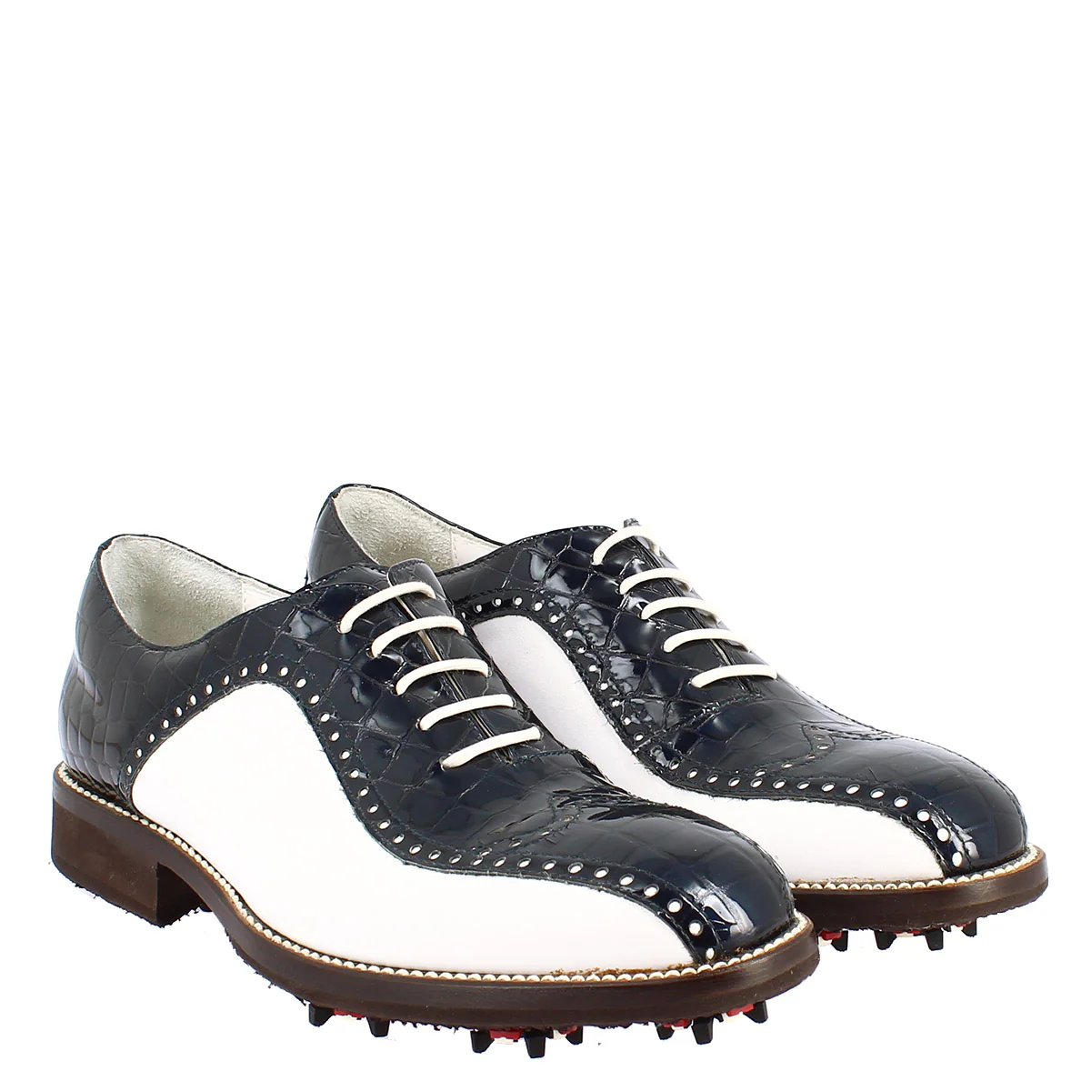 Scarpe golf artigianali in pelle pieno fiore bianco cocco blu - Image 8