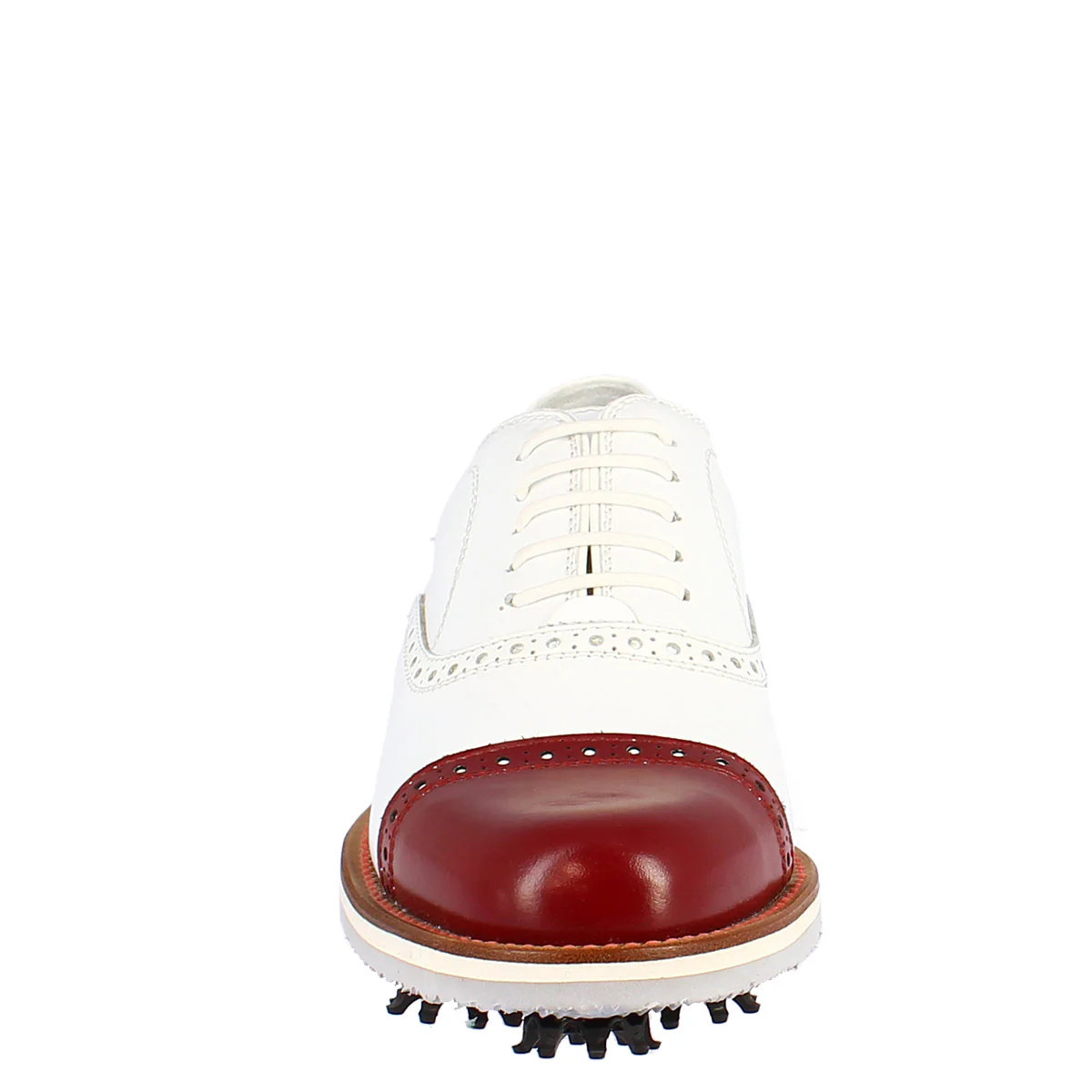 Scarpe golf artigianali in pelle bianco con puntale rosso - Image 3
