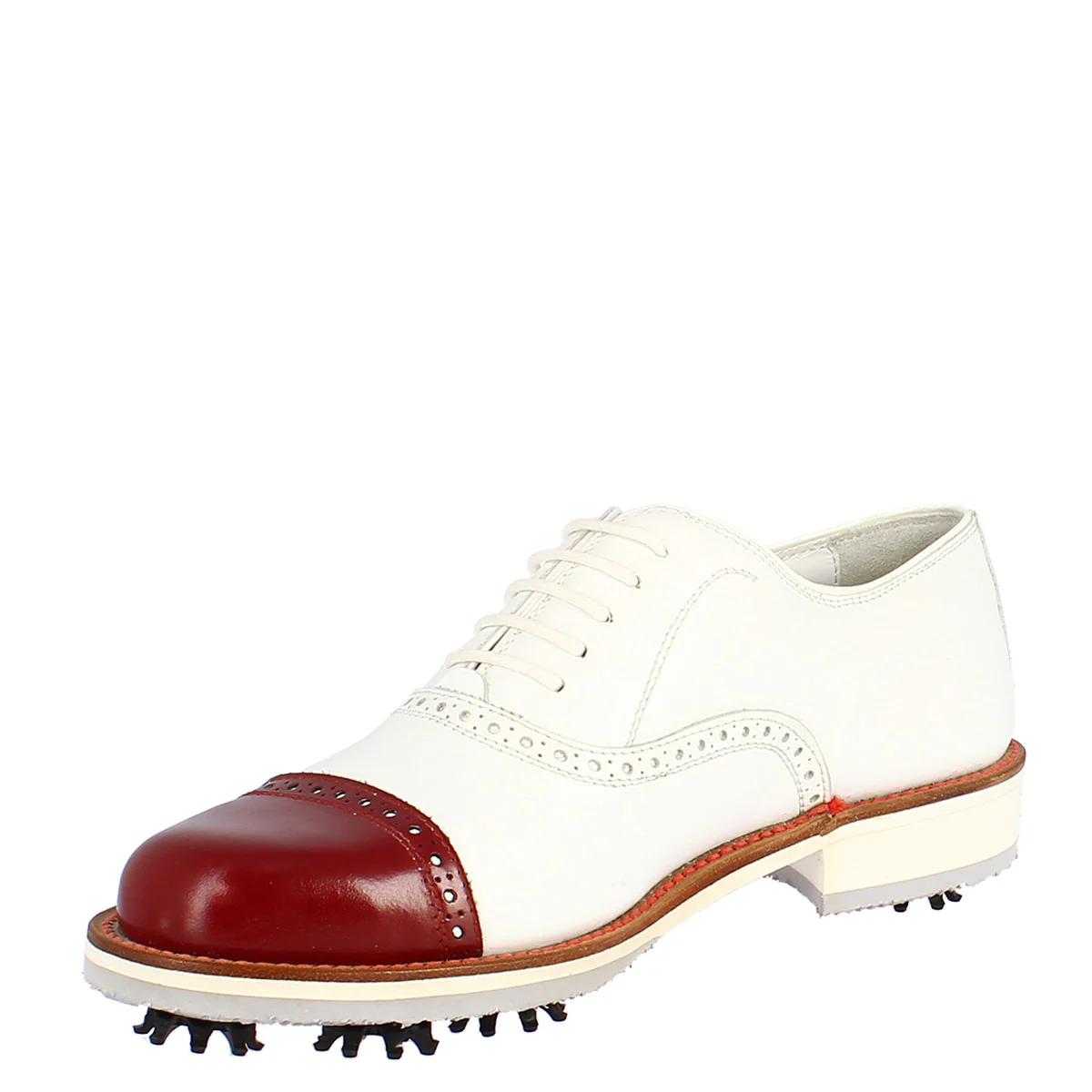 Scarpe golf artigianali in pelle bianco con puntale rosso - Image 5