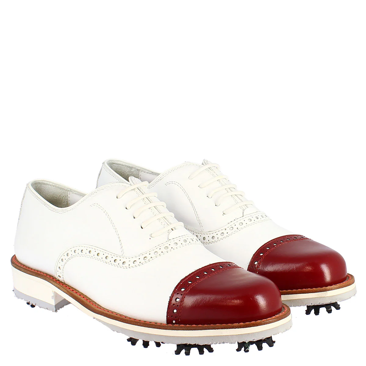 Scarpe golf artigianali in pelle bianco con puntale rosso - Image 8