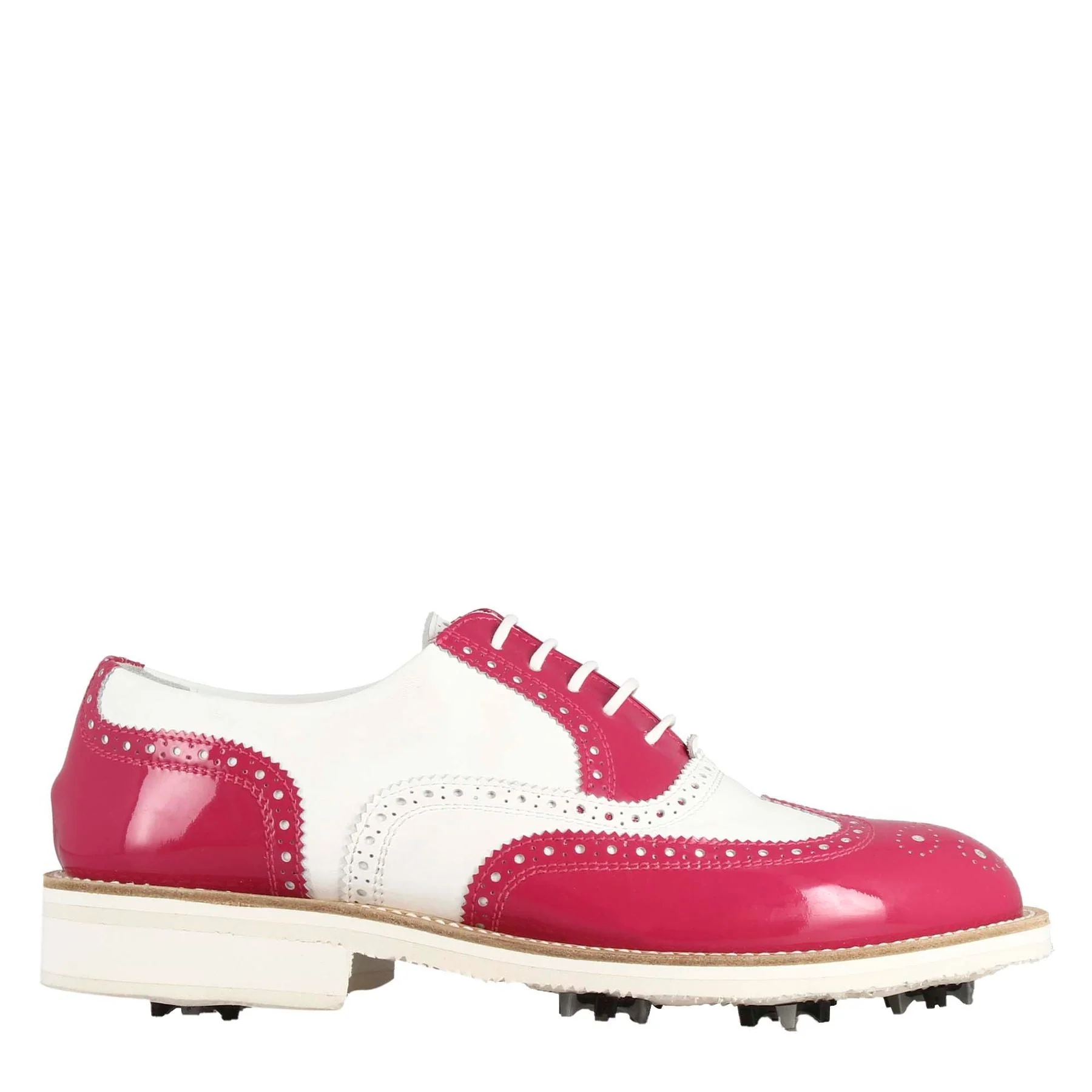 Scarpe golf fatte a mano in pelle lucida colore bianco rosa. - Image 2