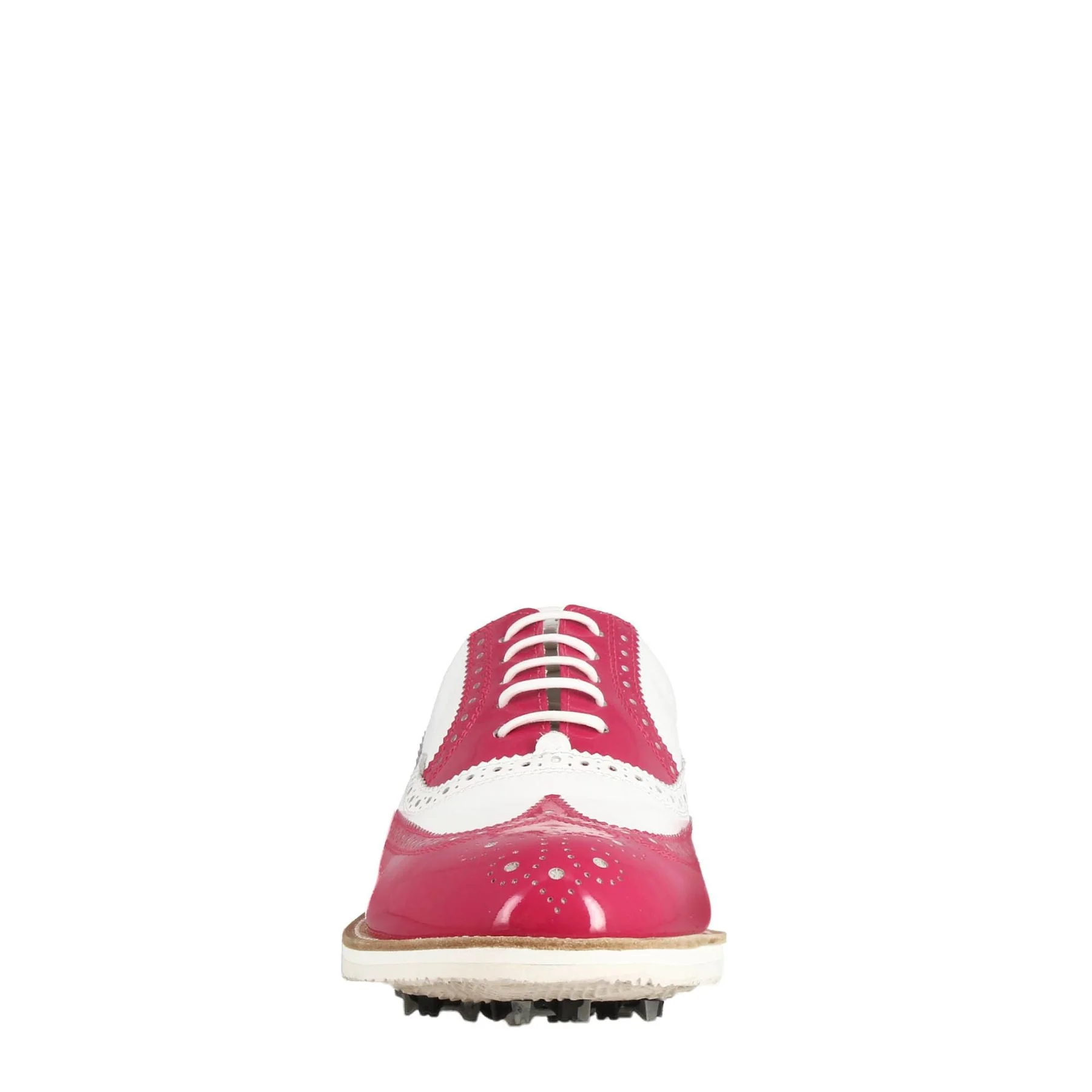 Scarpe golf fatte a mano in pelle lucida colore bianco rosa. - Image 4
