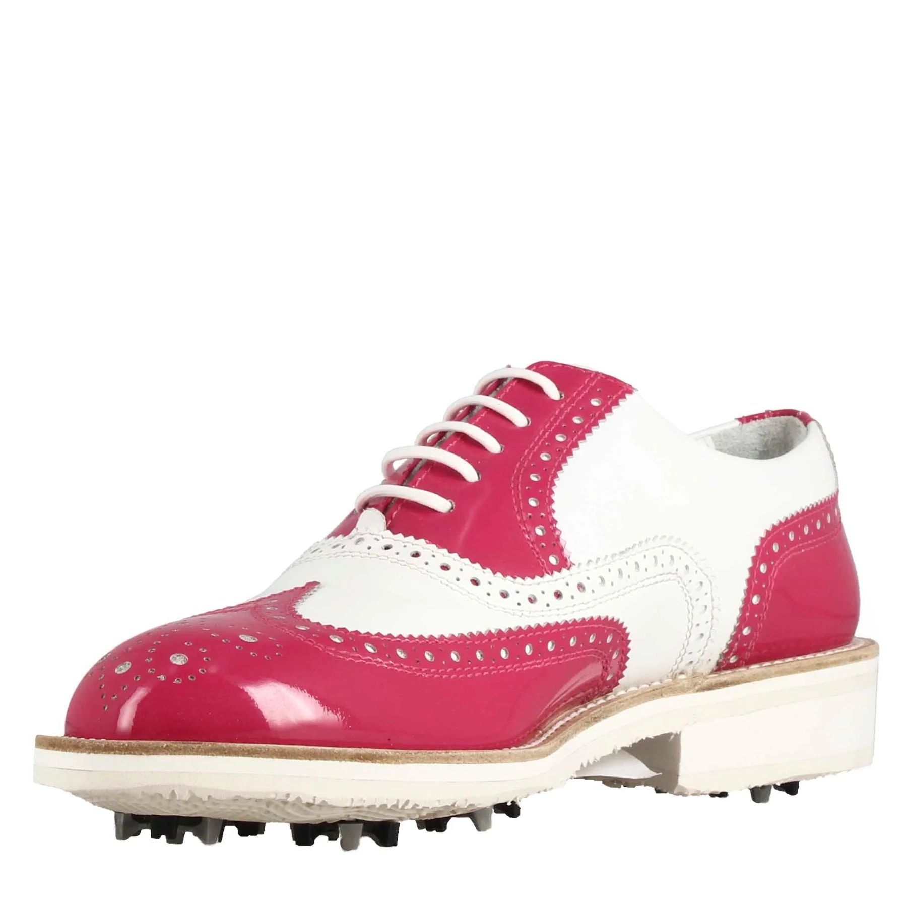 Scarpe golf fatte a mano in pelle lucida colore bianco rosa. - Image 6