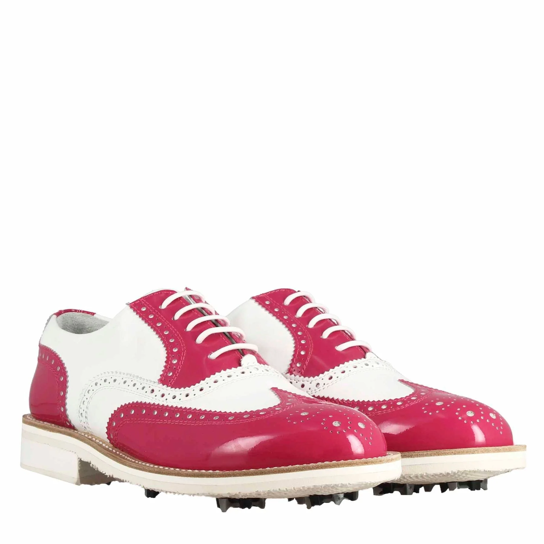 Scarpe golf fatte a mano in pelle lucida colore bianco rosa. - Image 7