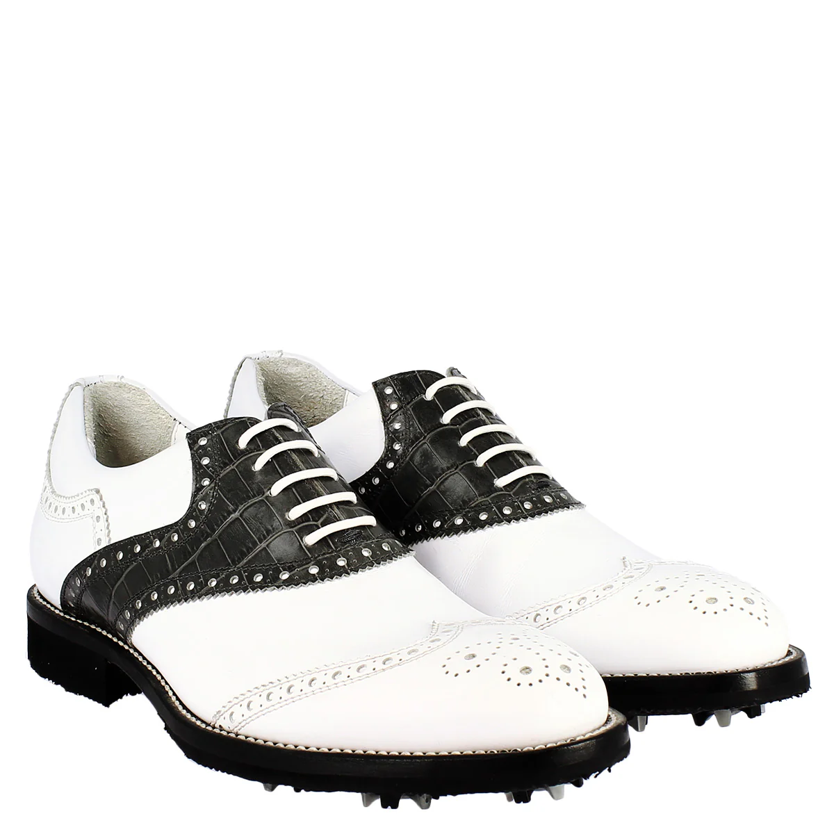 Scarpe golf unisex artigianali in pelle bianco e nero - Image 3