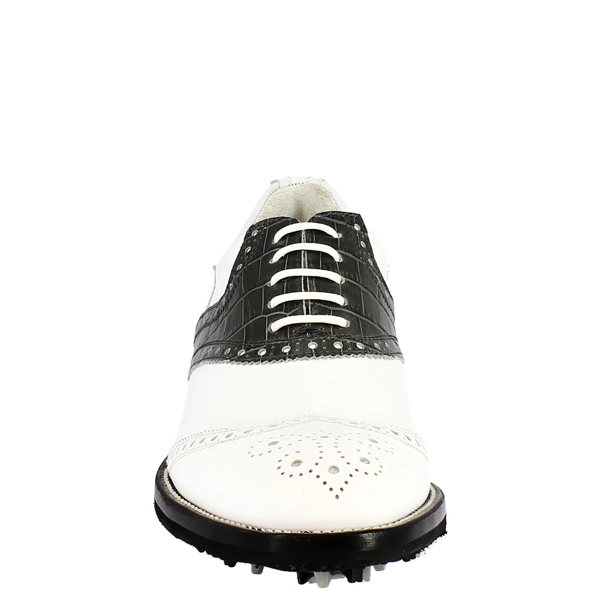 Scarpe golf unisex artigianali in pelle bianco e nero - Image 4