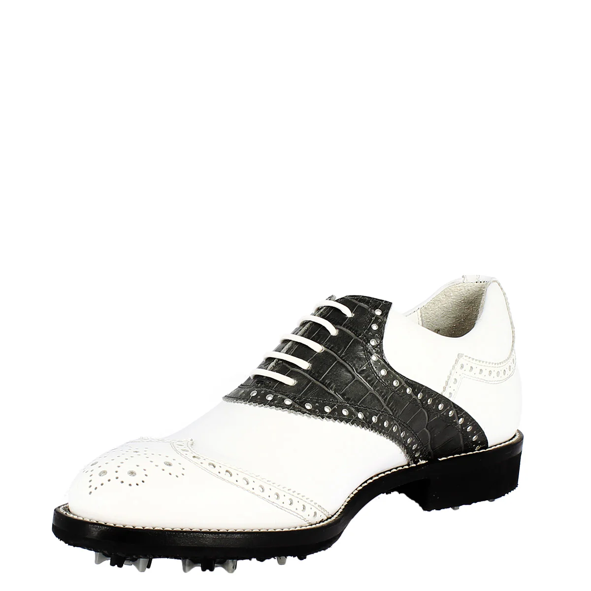 Scarpe golf unisex artigianali in pelle bianco e nero - Image 6