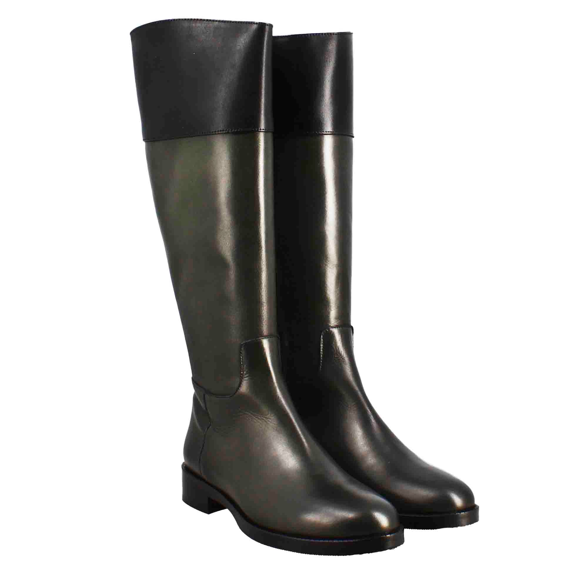 Stivale al ginocchio da donna liscio con tacco basso in pelle verde e nero - Image 7