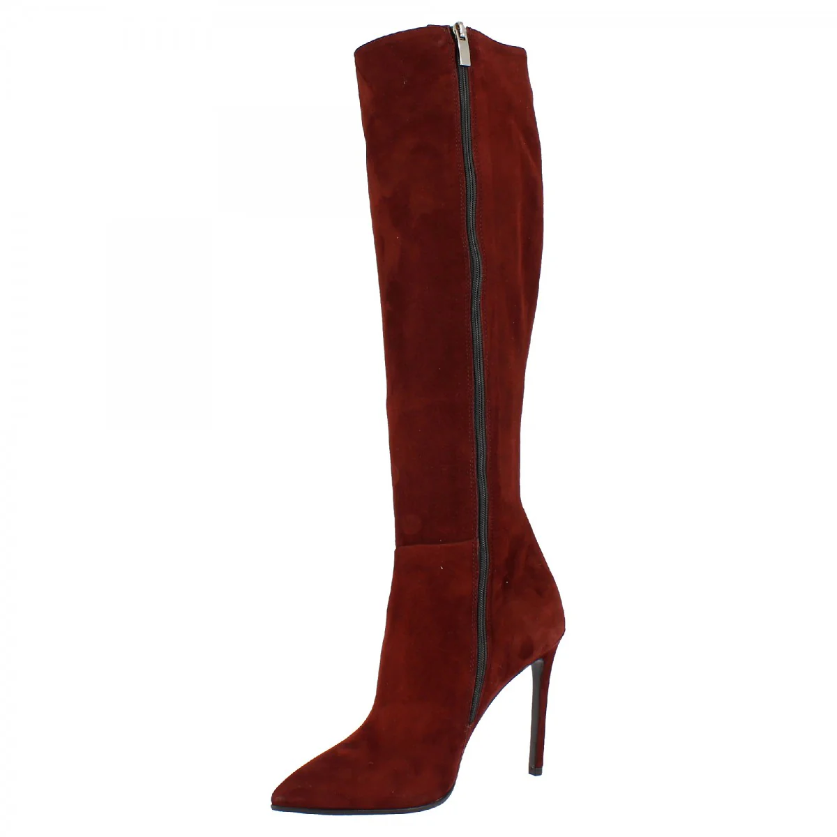 Stivali al ginocchio a punta con tacco a spillo da donna fatti a mano in pelle di camoscio bordeaux - Image 4