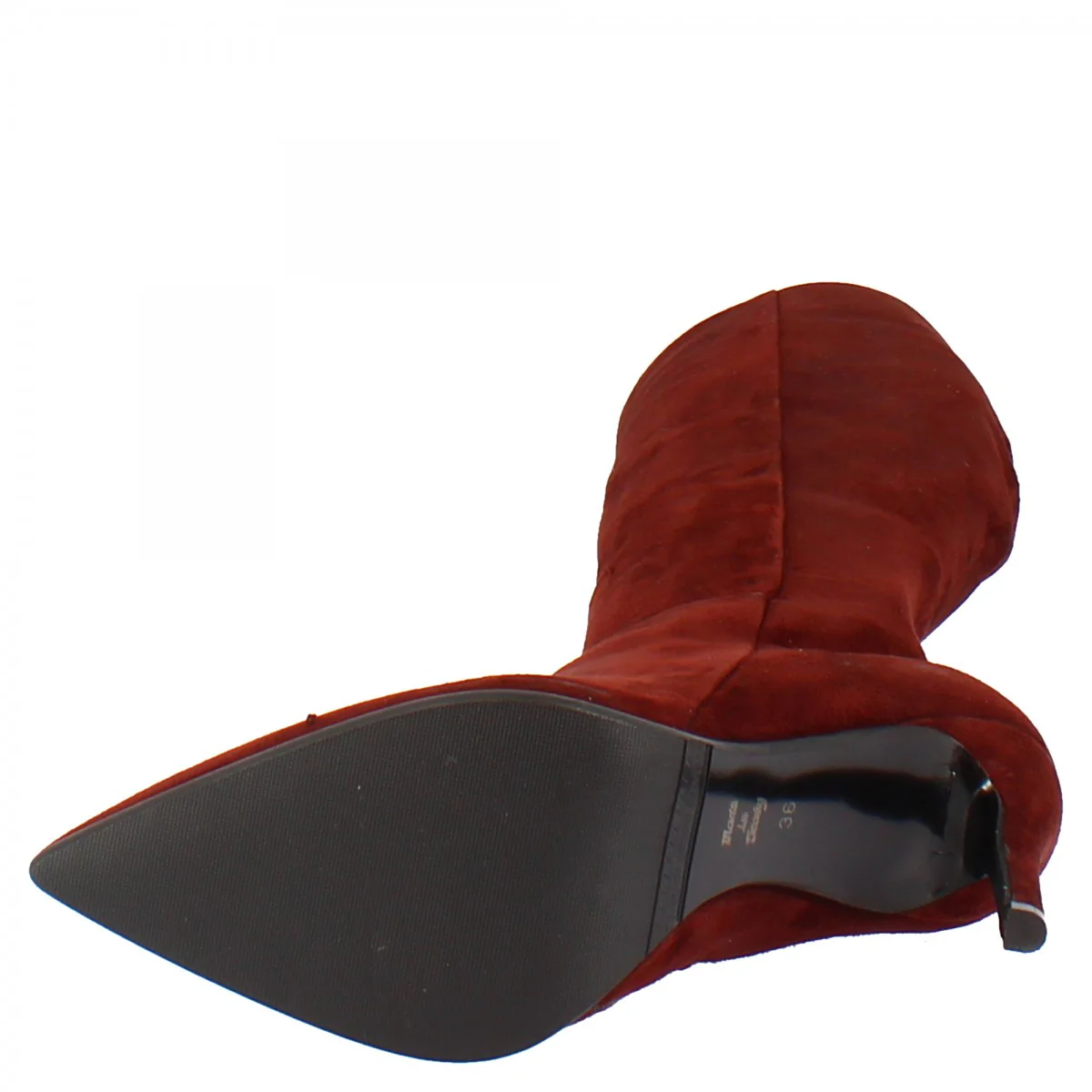 Stivali al ginocchio a punta con tacco a spillo da donna fatti a mano in pelle di camoscio bordeaux - Image 7