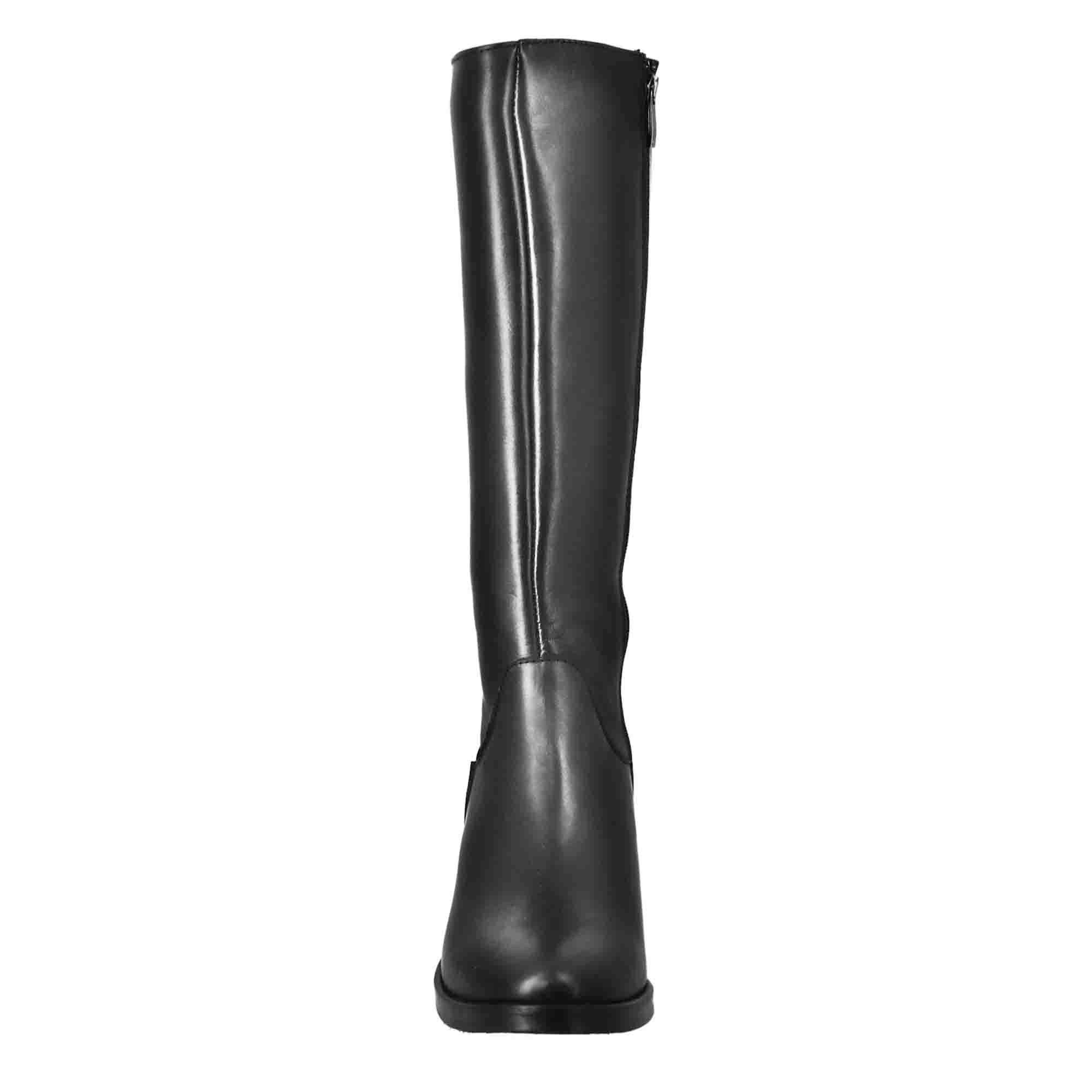 Stivali al ginocchio da donna liscio con tacco medio in pelle nero - Image 3