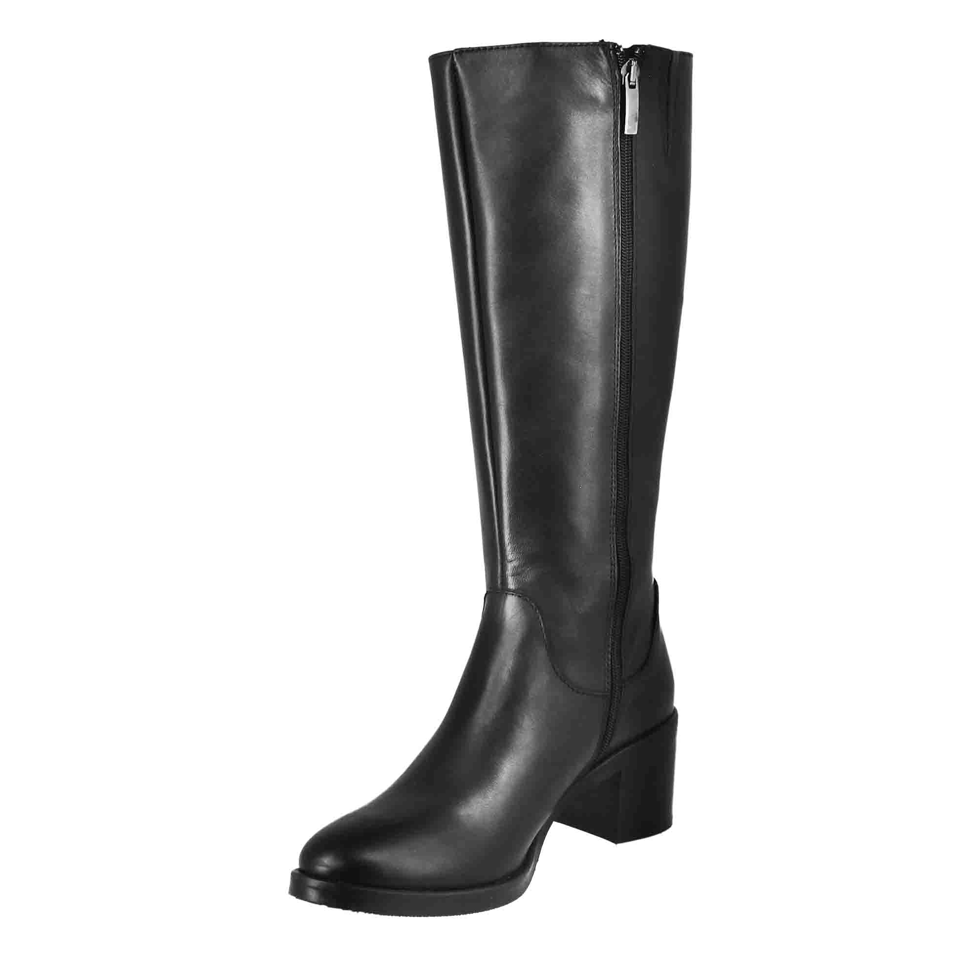 Stivali al ginocchio da donna liscio con tacco medio in pelle nero - Image 4