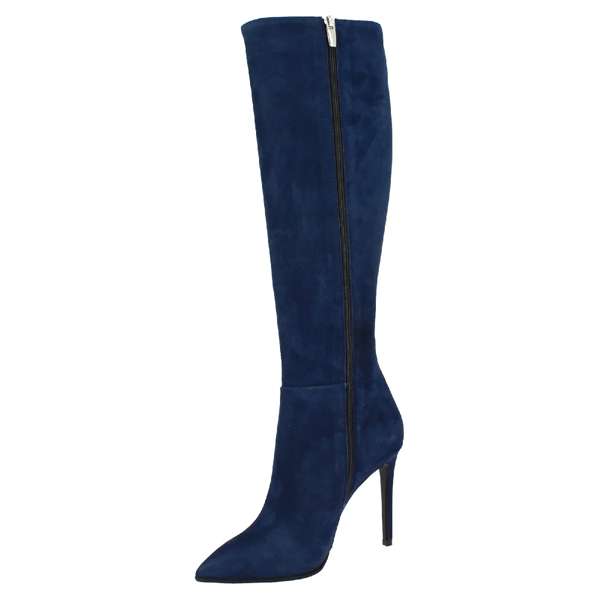 Stivali da donna al ginocchio a punta con tacco a spillo fatti a mano in pelle di camoscio blu - Image 4