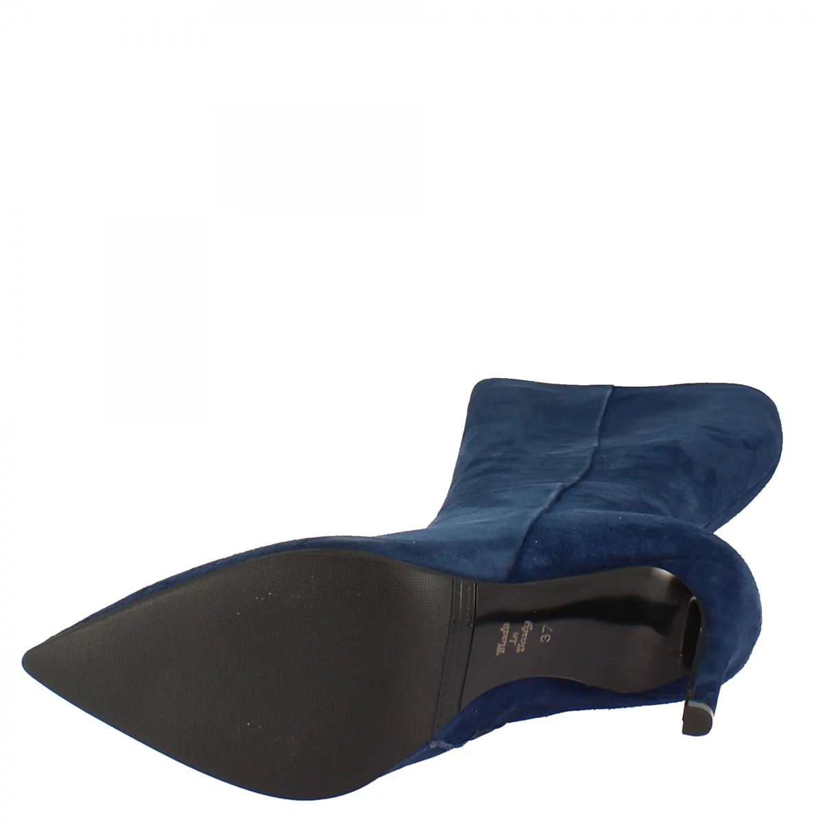 Stivali da donna al ginocchio a punta con tacco a spillo fatti a mano in pelle di camoscio blu - Image 7