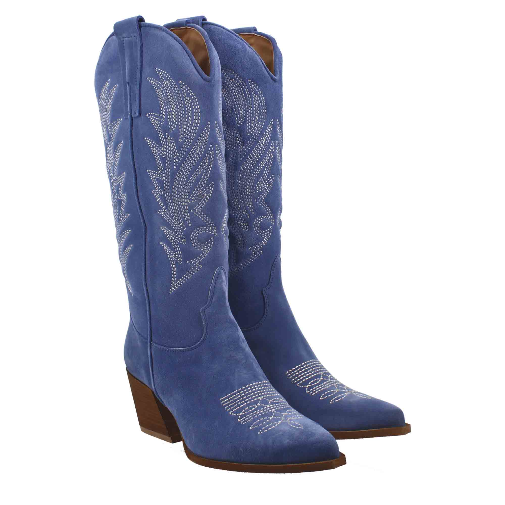 Stivali texani medi da donna in camoscio blu con ricami. - Image 7